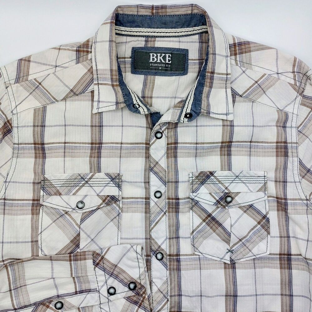 BKE Standard Fit Pearl Snaps L/S Shirt Men's Medium White Tan Plaid Western